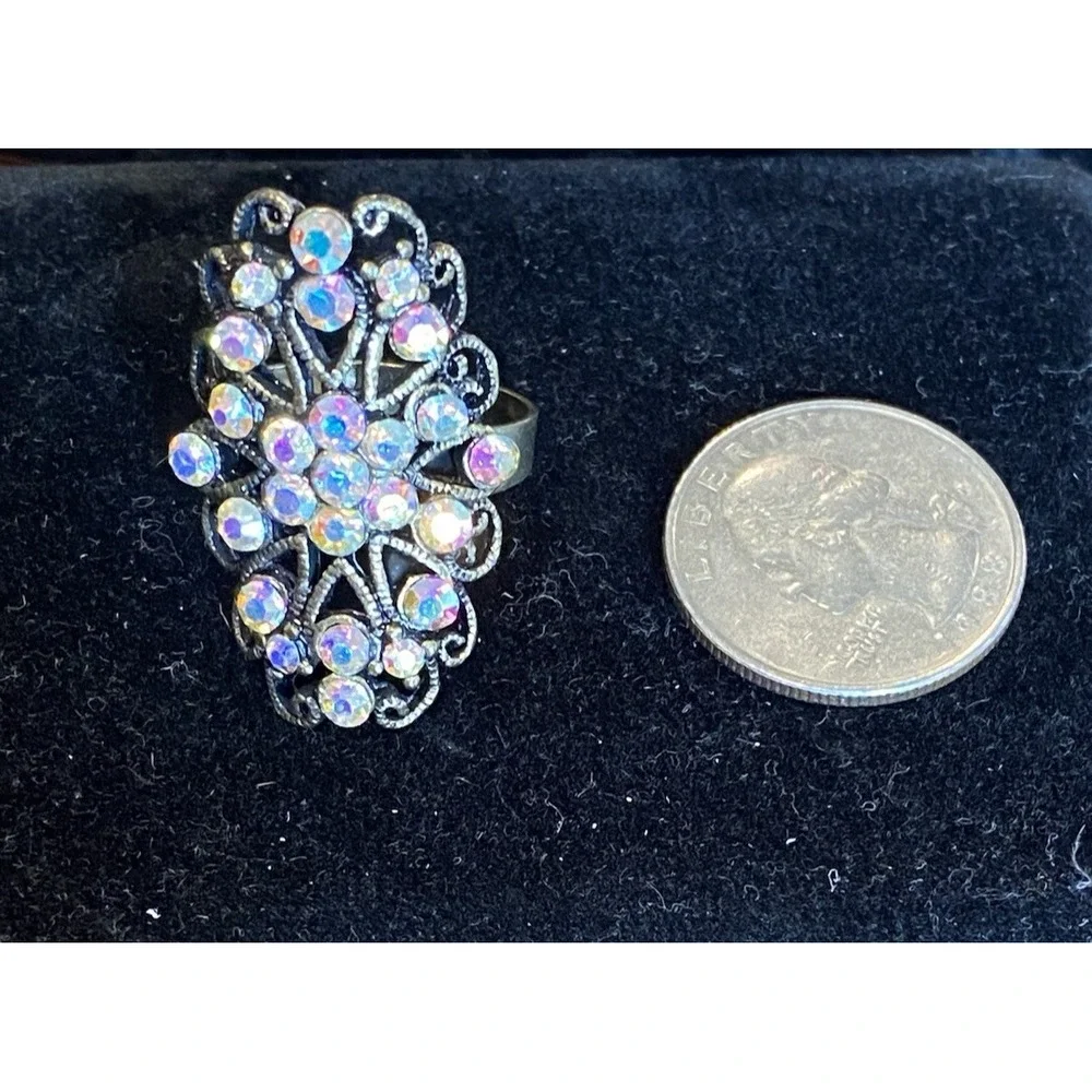 Aurora Borealis Rhinestone Oval Cluster Adjustable Vintage Ring 1.25 inches long